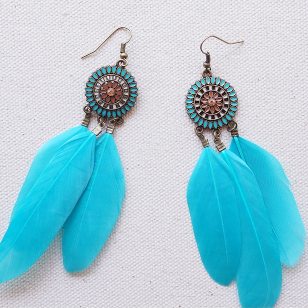 ✨💎 Bohemian Chic Turquoise Feather Dangle Earrings | Festival Statement Jewelry🩵 - Picture 4 of 16